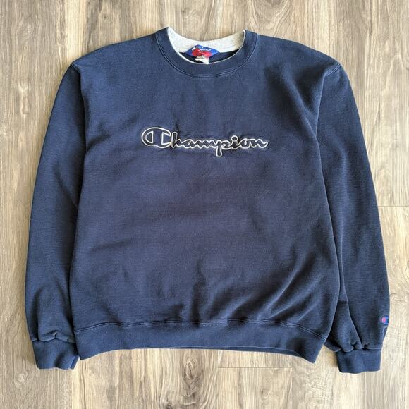 Vintage Champion Script Sweatshirt Size S 1990s Navy Blue Pullover - Picture 1 of 4